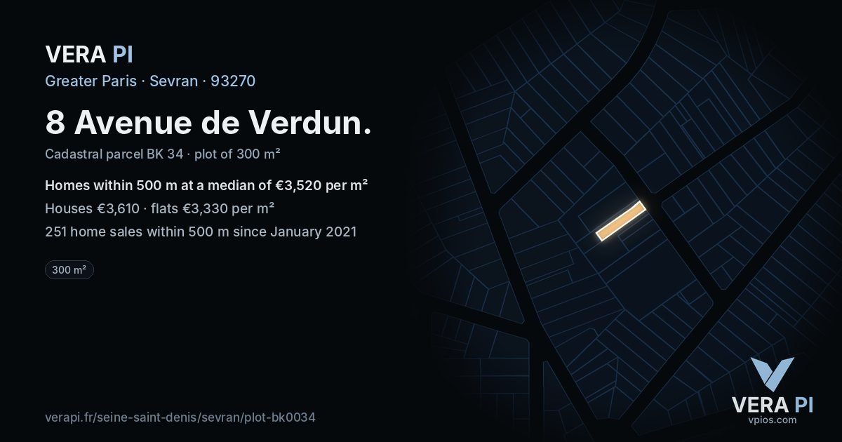 8 Avenue de Verdun, Sevran at night – the plot lit, the parcels around coloured by the prices near them
