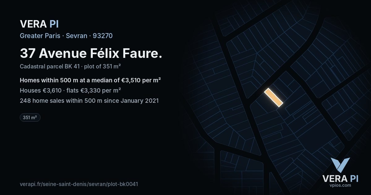 37 Avenue Félix Faure, Sevran at night – the plot lit, the parcels around coloured by the prices near them