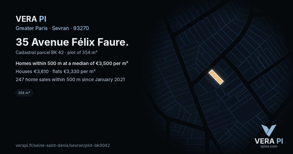 35 Avenue Félix Faure, Sevran at night – the plot lit, the parcels around coloured by the prices near them