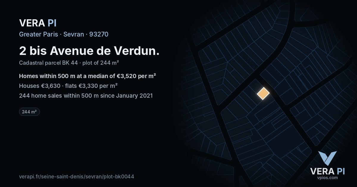 2 bis Avenue de Verdun, Sevran at night – the plot lit, the parcels around coloured by the prices near them