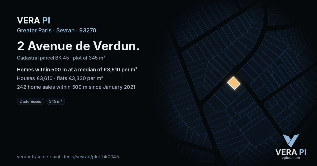 2 Avenue de Verdun, Sevran at night – the plot lit, the parcels around coloured by the prices near them