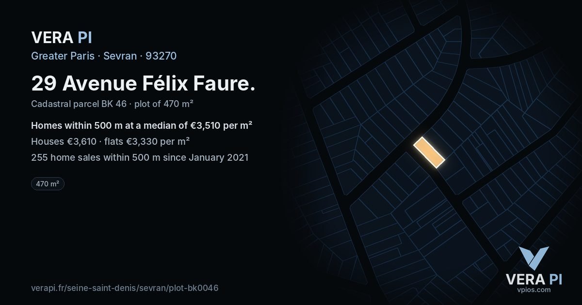 29 Avenue Félix Faure, Sevran at night – the plot lit, the parcels around coloured by the prices near them