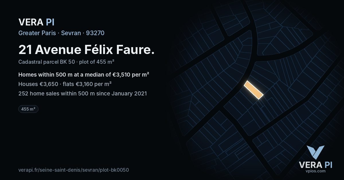 21 Avenue Félix Faure, Sevran at night – the plot lit, the parcels around coloured by the prices near them