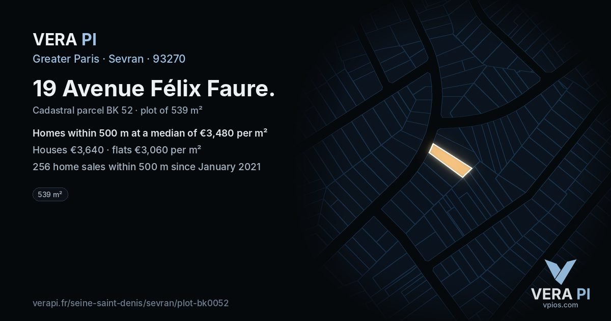 19 Avenue Félix Faure, Sevran at night – the plot lit, the parcels around coloured by the prices near them