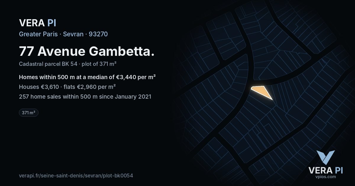 77 Avenue Gambetta, Sevran at night – the plot lit, the parcels around coloured by the prices near them
