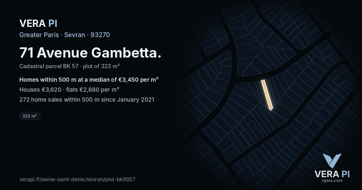 71 Avenue Gambetta, Sevran at night – the plot lit, the parcels around coloured by the prices near them