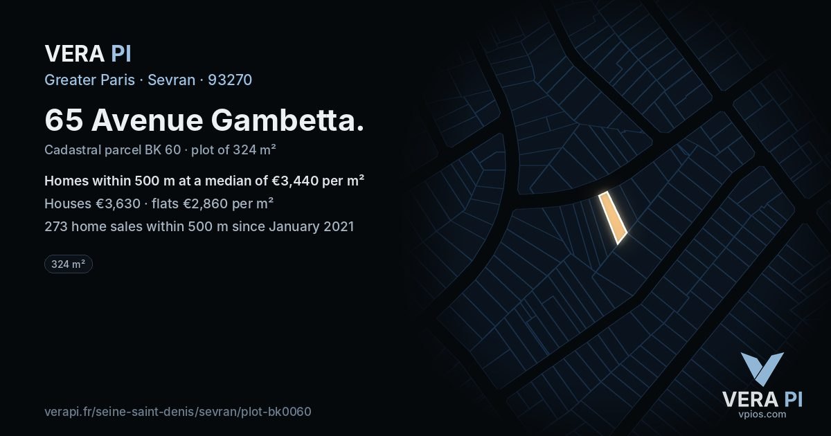 65 Avenue Gambetta, Sevran at night – the plot lit, the parcels around coloured by the prices near them