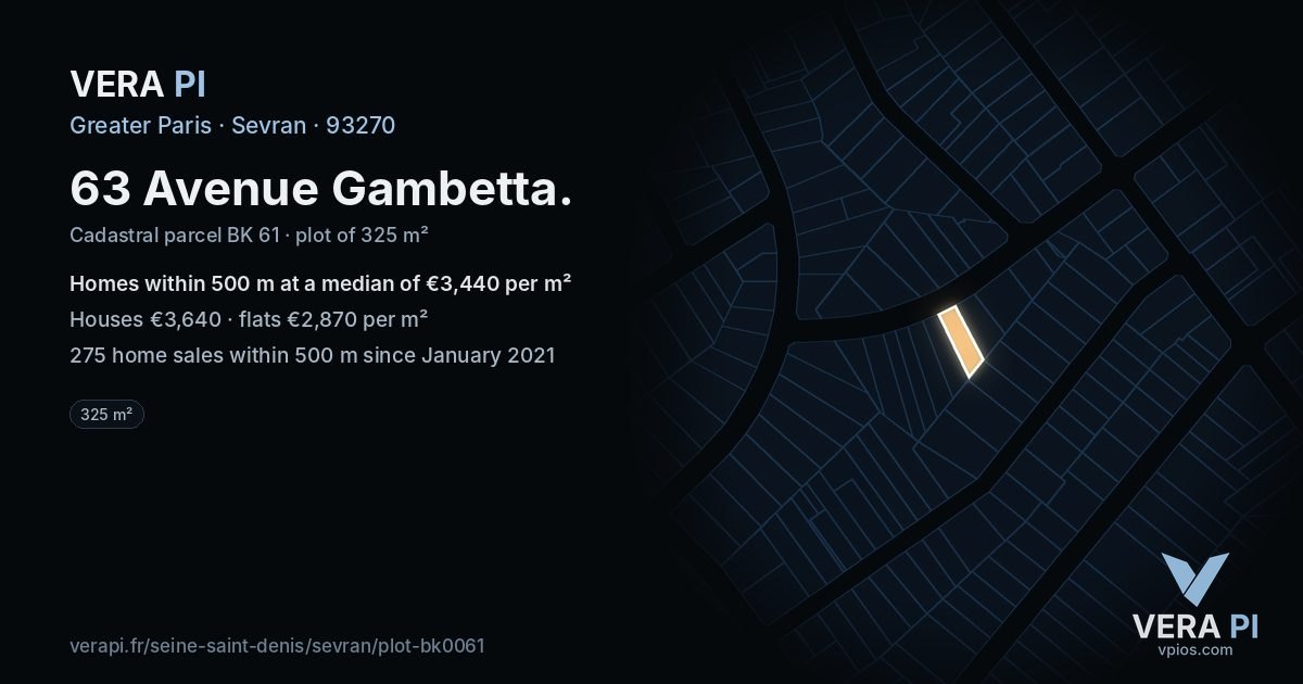 63 Avenue Gambetta, Sevran at night – the plot lit, the parcels around coloured by the prices near them