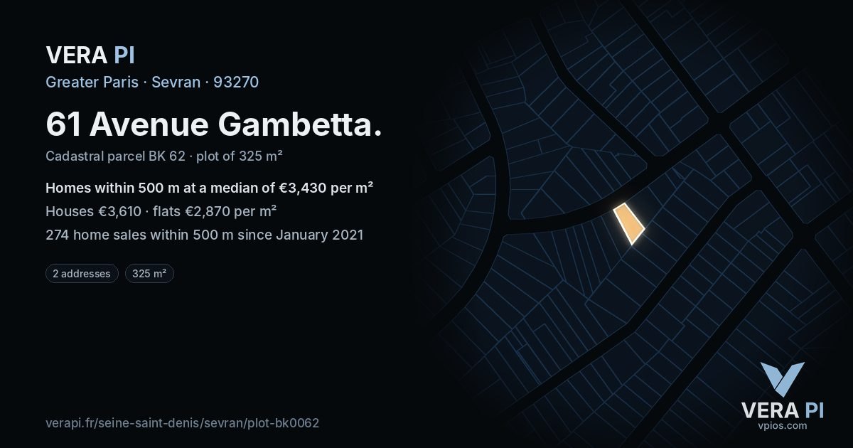 61 Avenue Gambetta, Sevran at night – the plot lit, the parcels around coloured by the prices near them