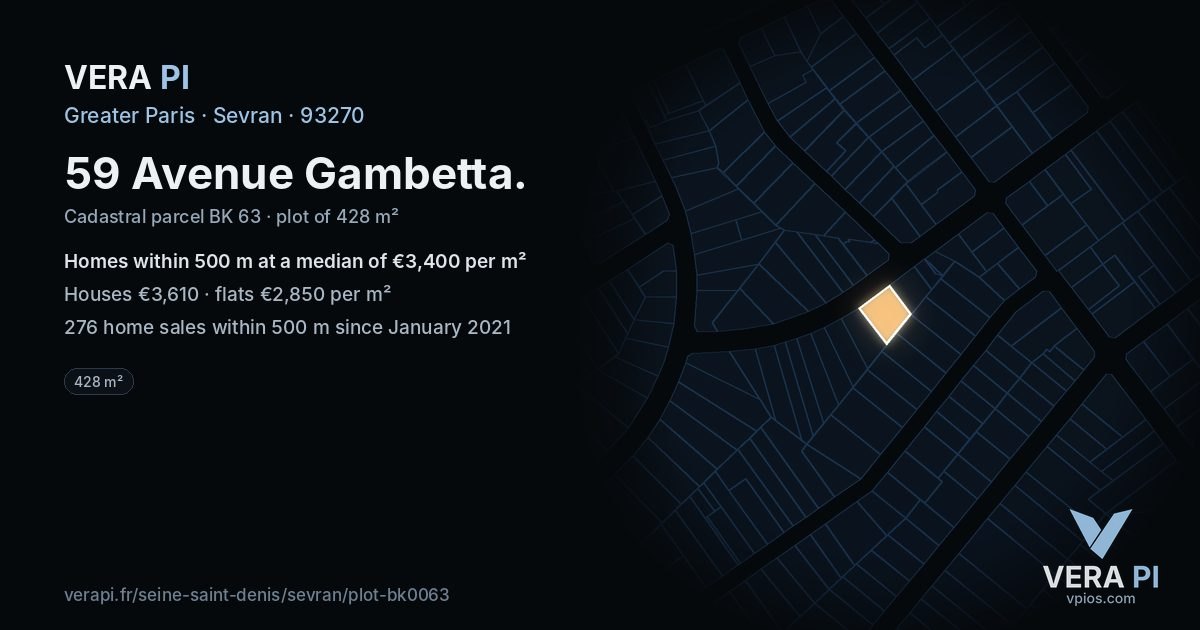 59 Avenue Gambetta, Sevran at night – the plot lit, the parcels around coloured by the prices near them