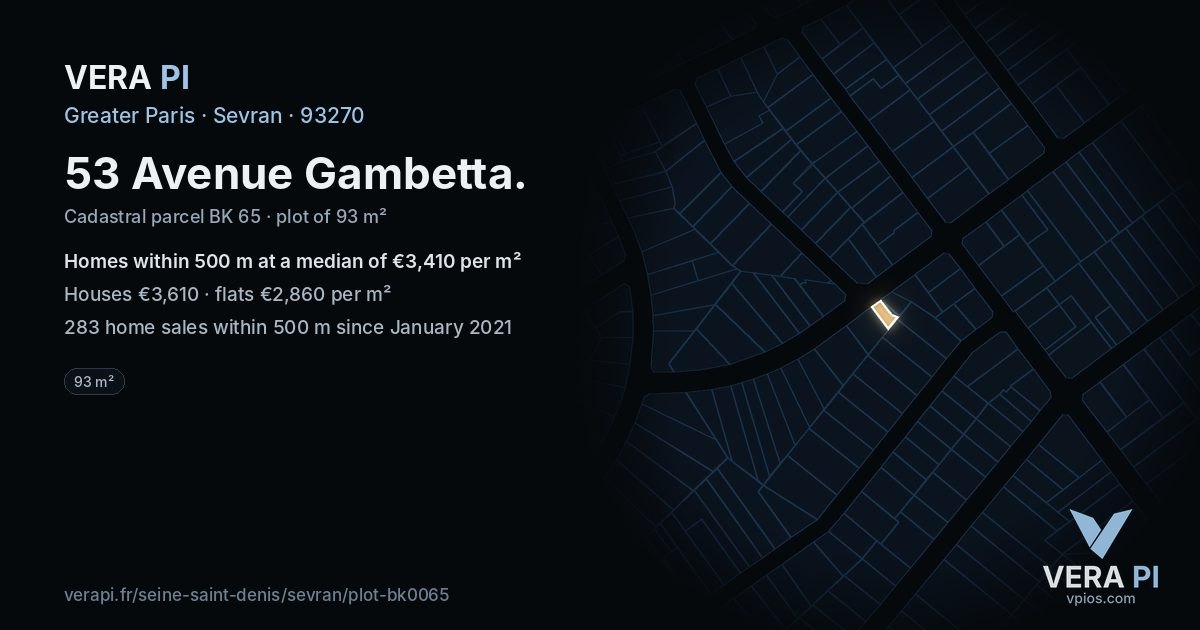 53 Avenue Gambetta, Sevran at night – the plot lit, the parcels around coloured by the prices near them