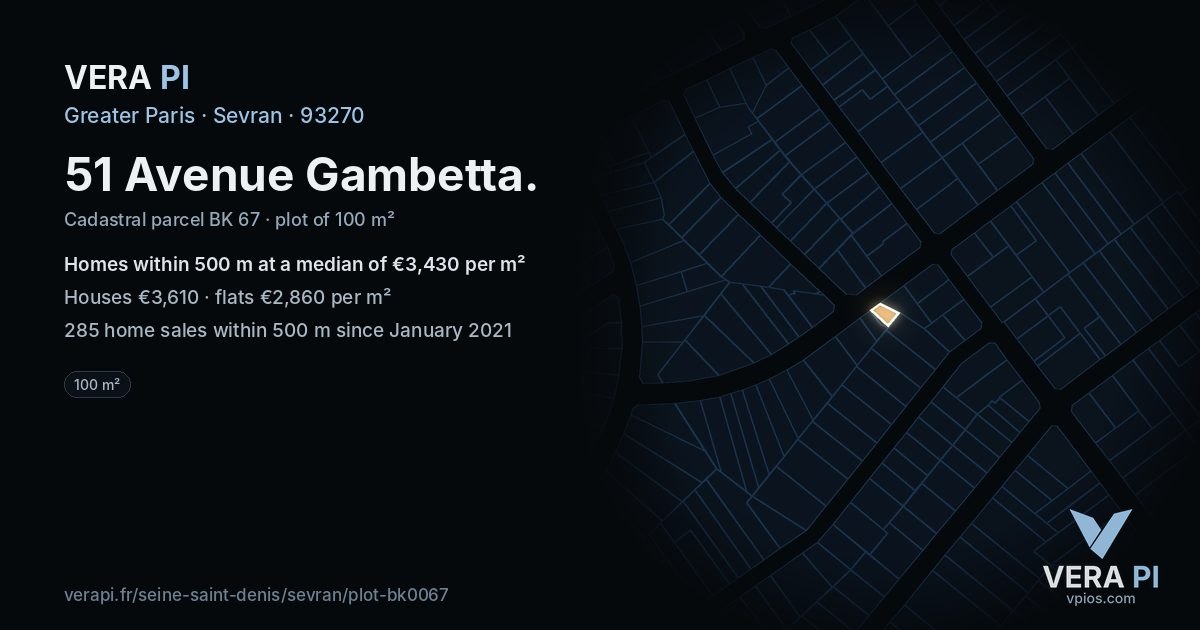 51 Avenue Gambetta, Sevran at night – the plot lit, the parcels around coloured by the prices near them