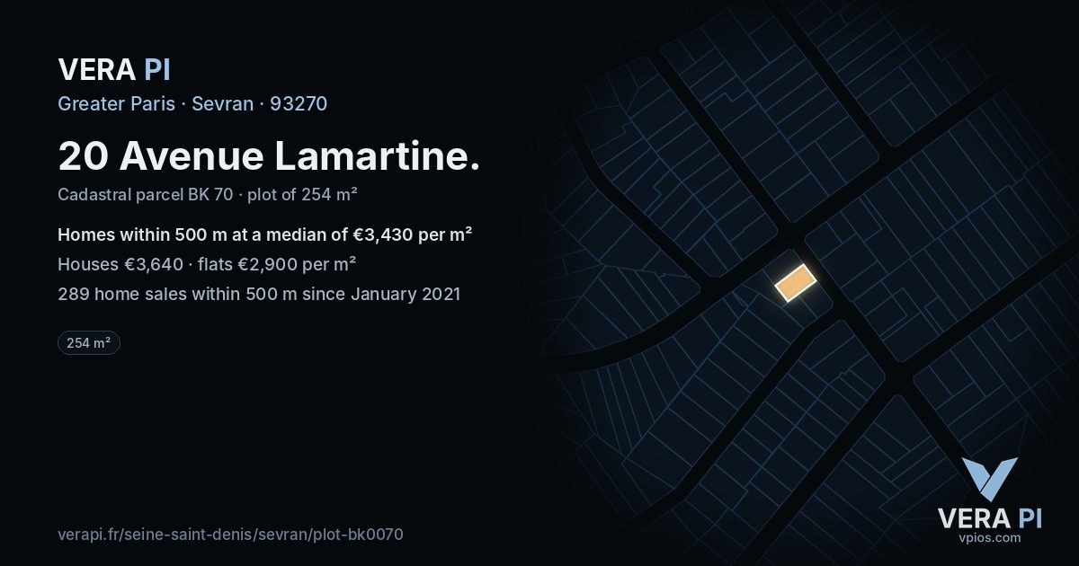 20 Avenue Lamartine, Sevran at night – the plot lit, the parcels around coloured by the prices near them