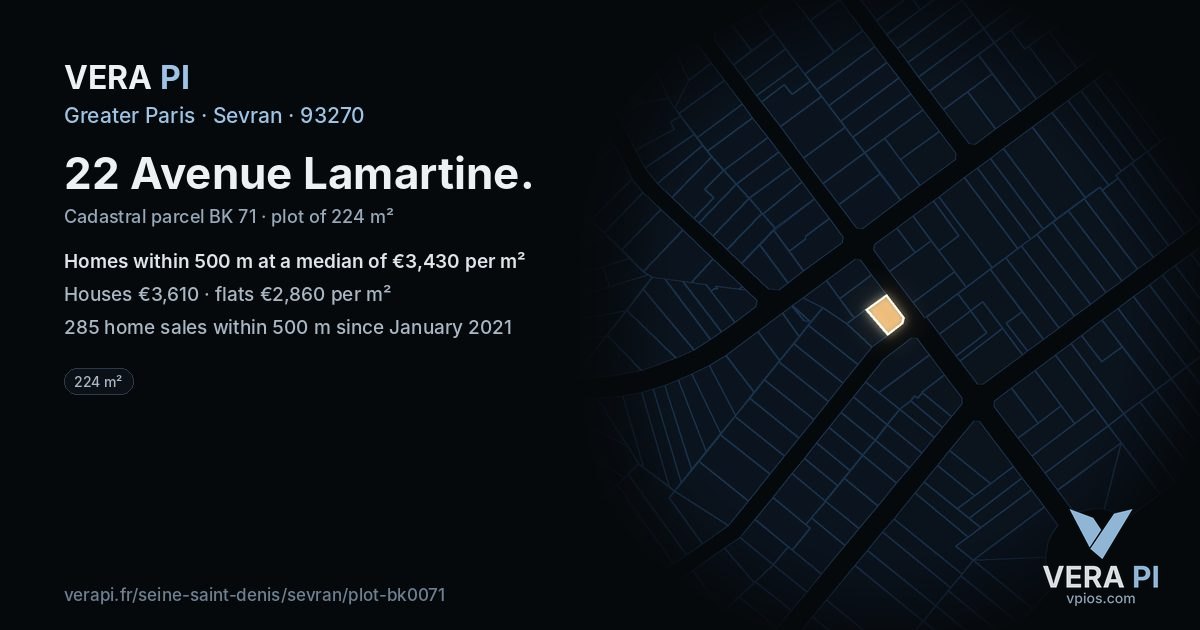 22 Avenue Lamartine, Sevran at night – the plot lit, the parcels around coloured by the prices near them