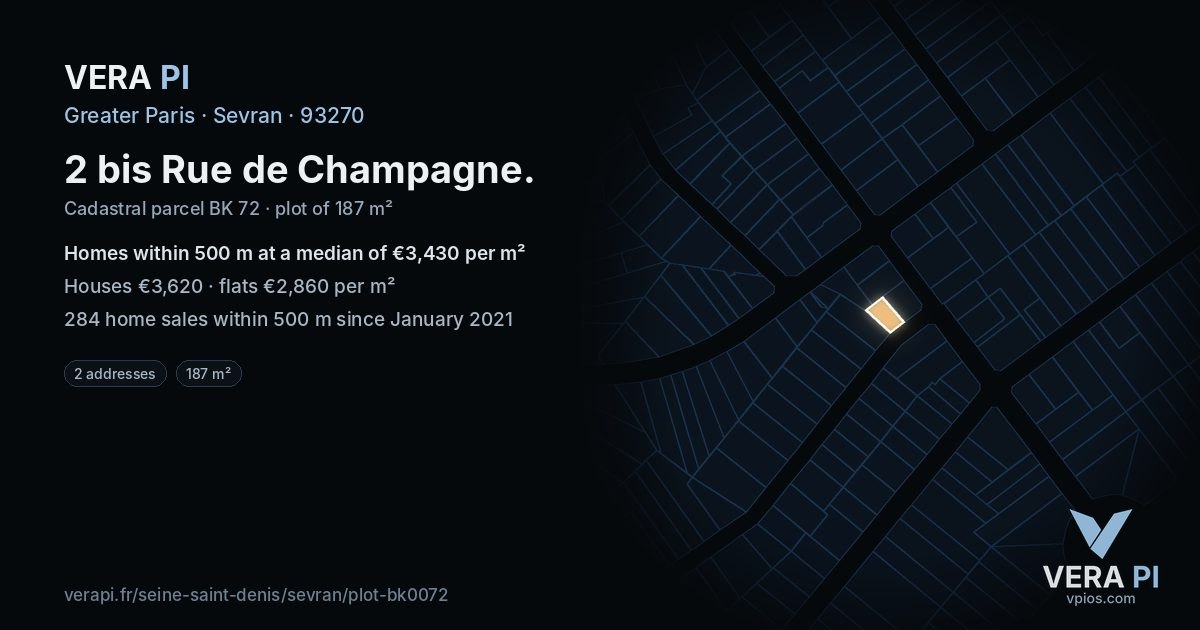 2 bis Rue de Champagne, Sevran at night – the plot lit, the parcels around coloured by the prices near them