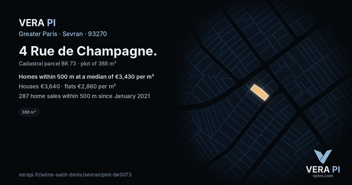 4 Rue de Champagne, Sevran at night – the plot lit, the parcels around coloured by the prices near them