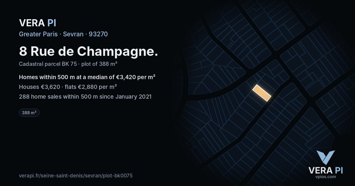 8 Rue de Champagne, Sevran at night – the plot lit, the parcels around coloured by the prices near them