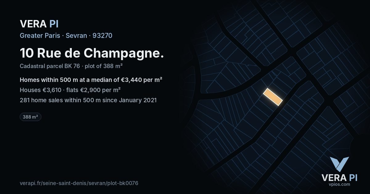 10 Rue de Champagne, Sevran at night – the plot lit, the parcels around coloured by the prices near them