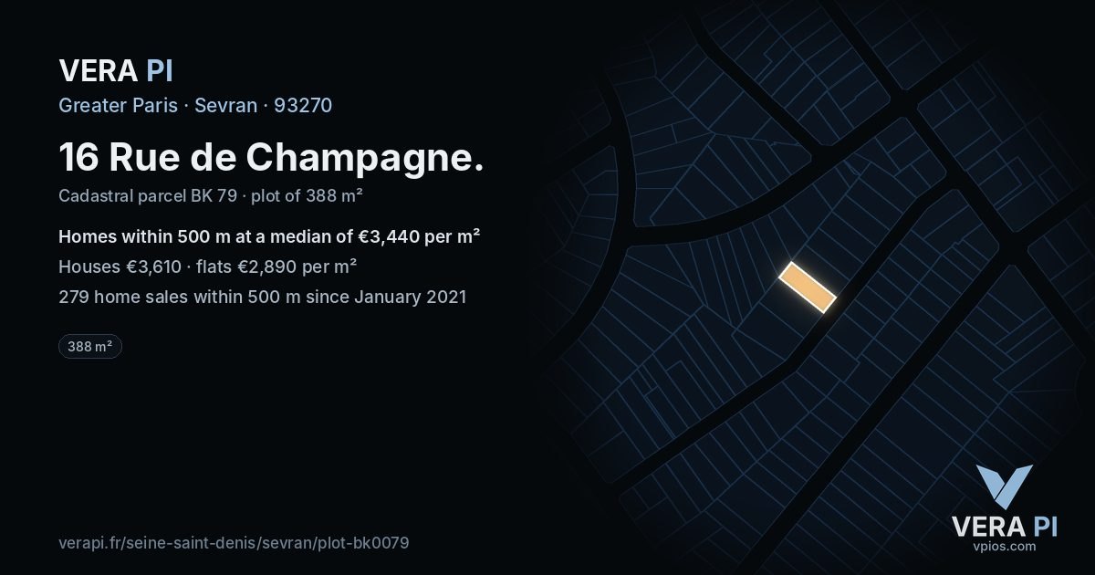 16 Rue de Champagne, Sevran at night – the plot lit, the parcels around coloured by the prices near them