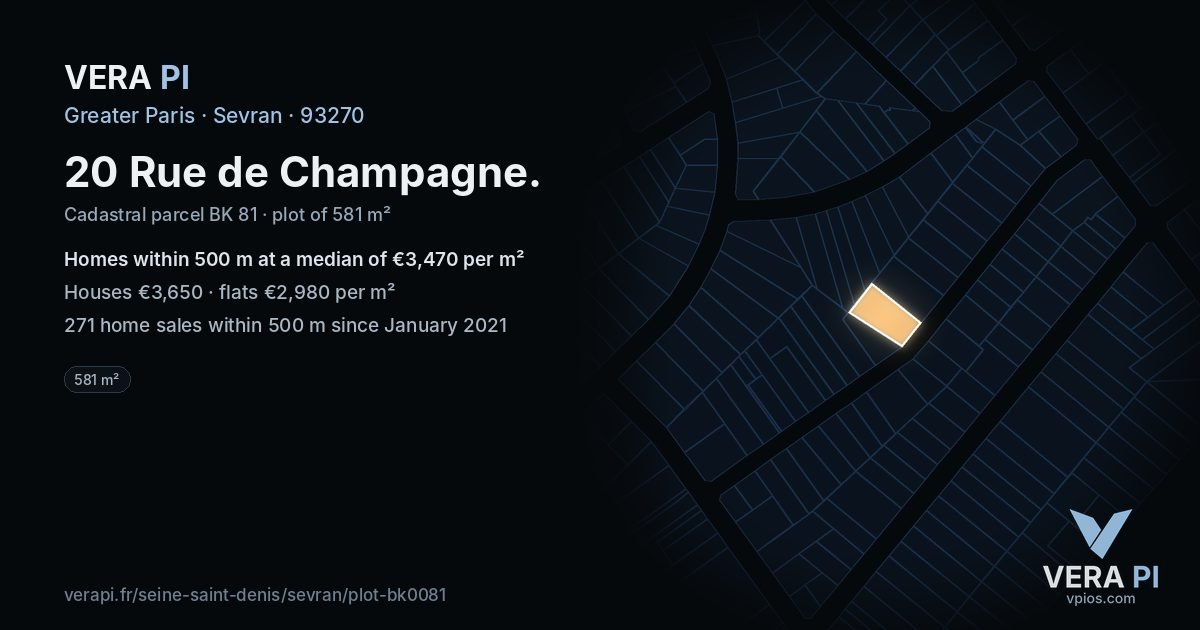 20 Rue de Champagne, Sevran at night – the plot lit, the parcels around coloured by the prices near them