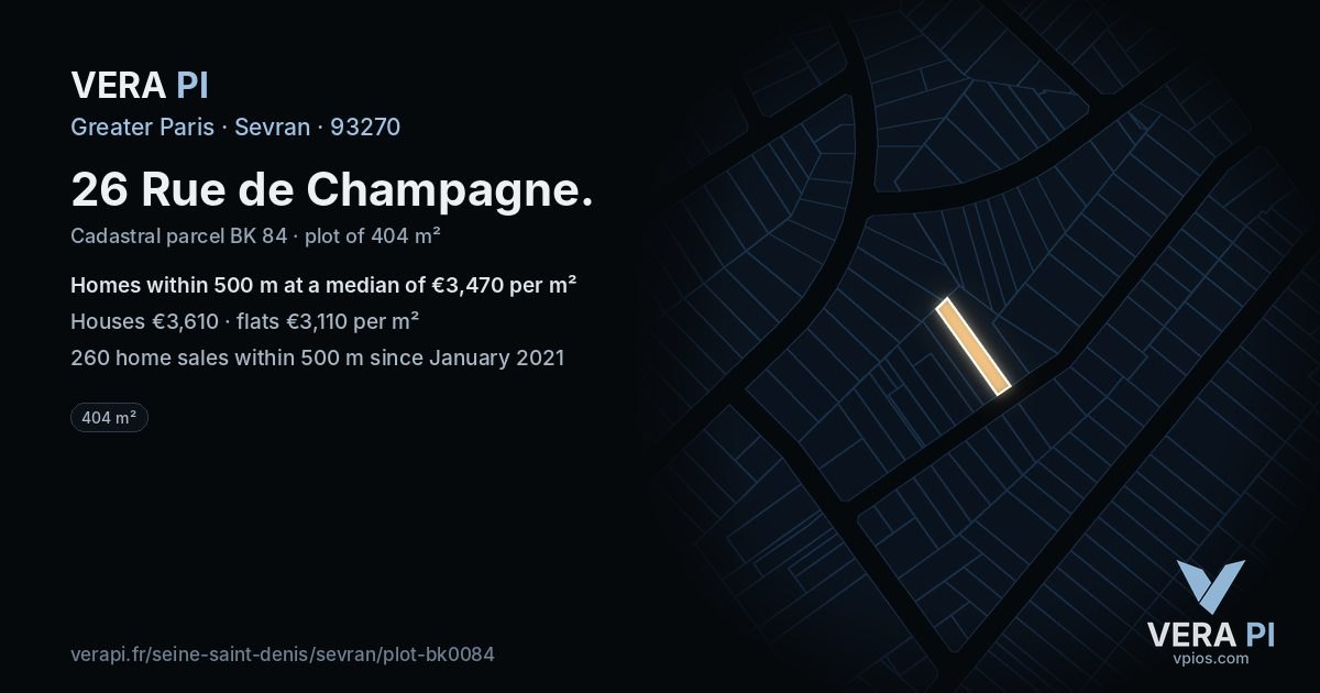 26 Rue de Champagne, Sevran at night – the plot lit, the parcels around coloured by the prices near them