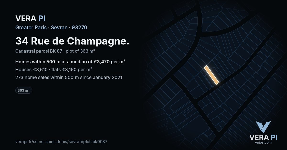 34 Rue de Champagne, Sevran at night – the plot lit, the parcels around coloured by the prices near them