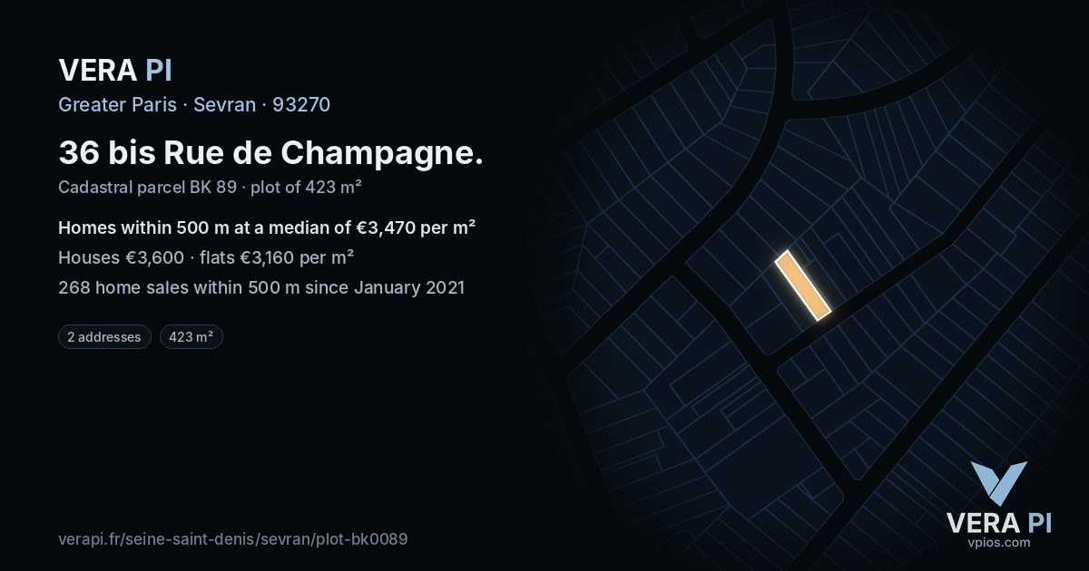 36 bis Rue de Champagne, Sevran at night – the plot lit, the parcels around coloured by the prices near them
