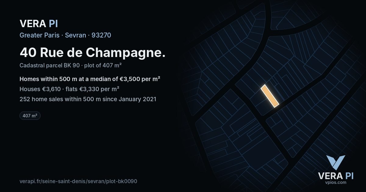 40 Rue de Champagne, Sevran at night – the plot lit, the parcels around coloured by the prices near them
