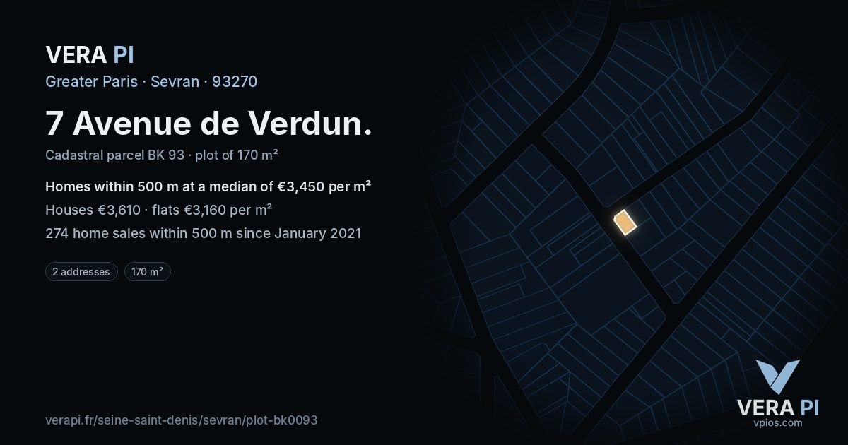 7 Avenue de Verdun, Sevran at night – the plot lit, the parcels around coloured by the prices near them