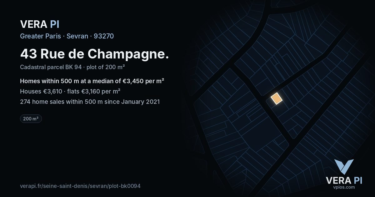 43 Rue de Champagne, Sevran at night – the plot lit, the parcels around coloured by the prices near them