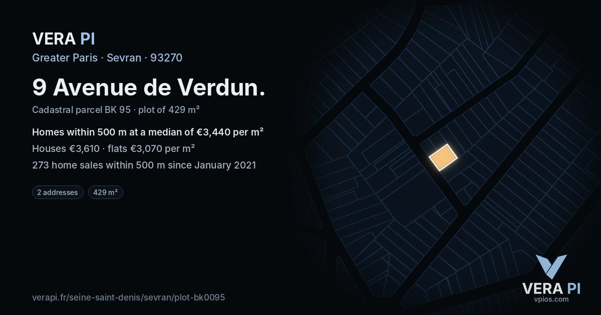 9 Avenue de Verdun, Sevran at night – the plot lit, the parcels around coloured by the prices near them