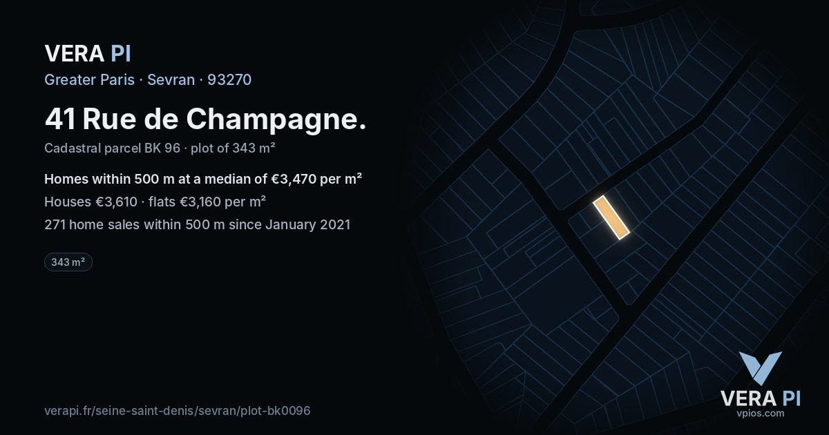 41 Rue de Champagne, Sevran at night – the plot lit, the parcels around coloured by the prices near them
