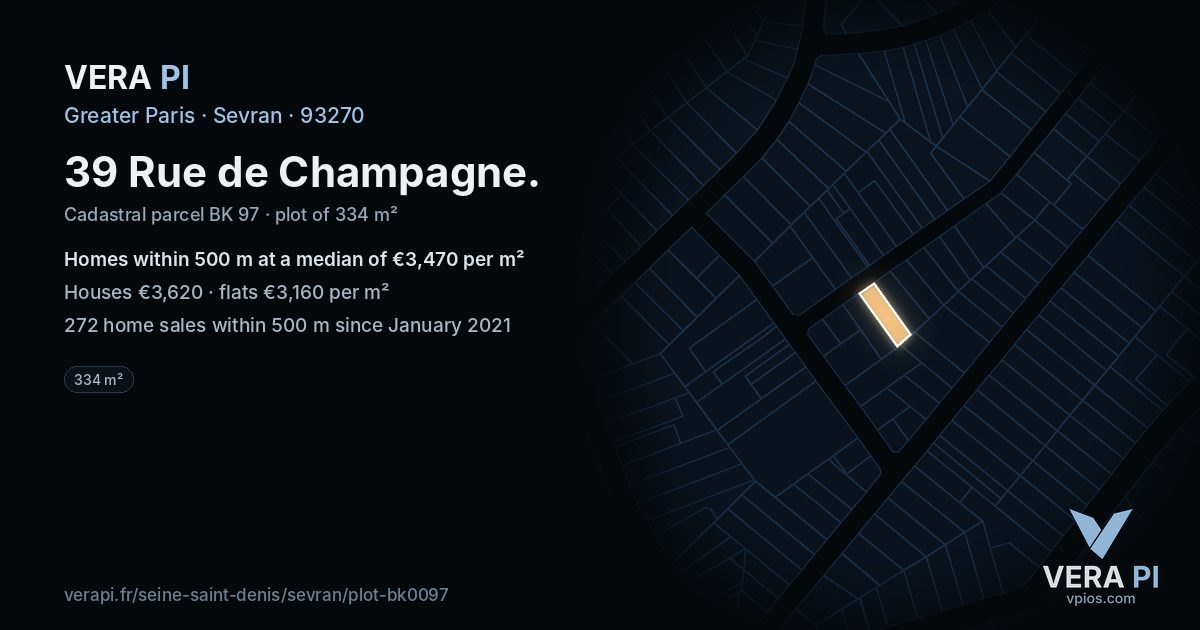 39 Rue de Champagne, Sevran at night – the plot lit, the parcels around coloured by the prices near them