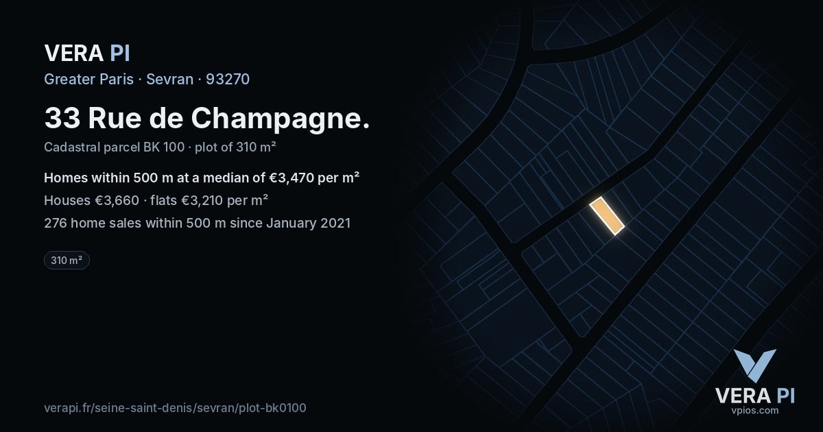 33 Rue de Champagne, Sevran at night – the plot lit, the parcels around coloured by the prices near them