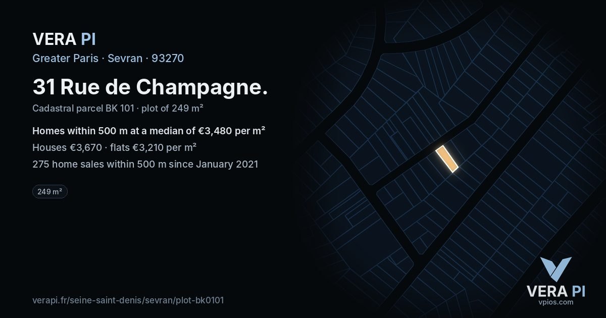 31 Rue de Champagne, Sevran at night – the plot lit, the parcels around coloured by the prices near them