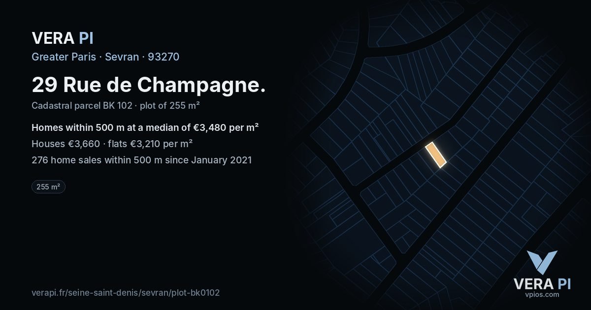 29 Rue de Champagne, Sevran at night – the plot lit, the parcels around coloured by the prices near them
