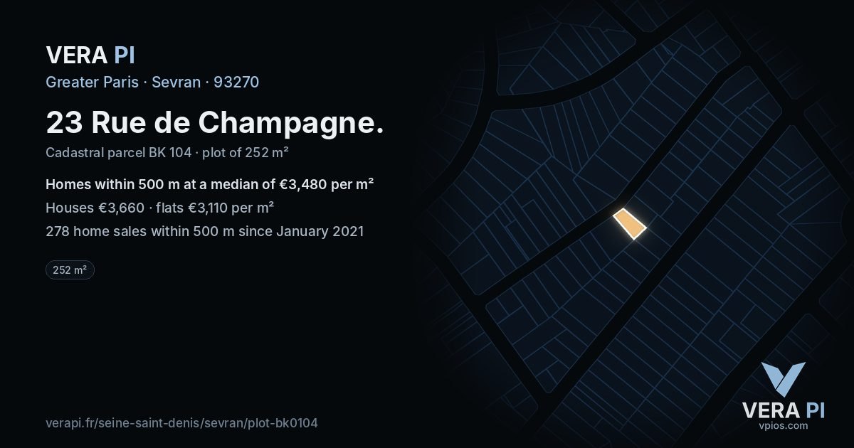 23 Rue de Champagne, Sevran at night – the plot lit, the parcels around coloured by the prices near them