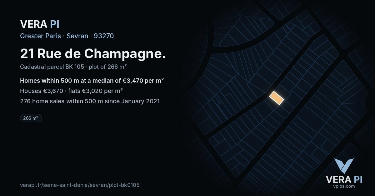 21 Rue de Champagne, Sevran at night – the plot lit, the parcels around coloured by the prices near them