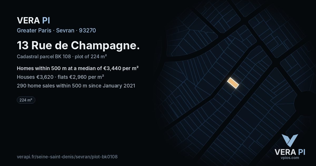 13 Rue de Champagne, Sevran at night – the plot lit, the parcels around coloured by the prices near them