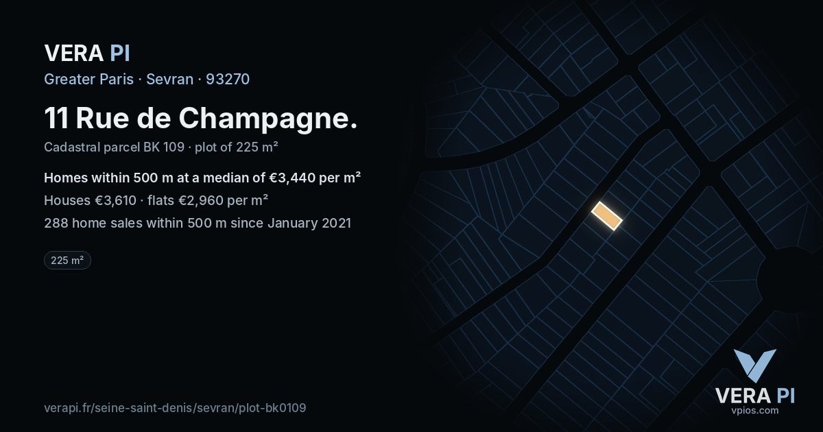11 Rue de Champagne, Sevran at night – the plot lit, the parcels around coloured by the prices near them