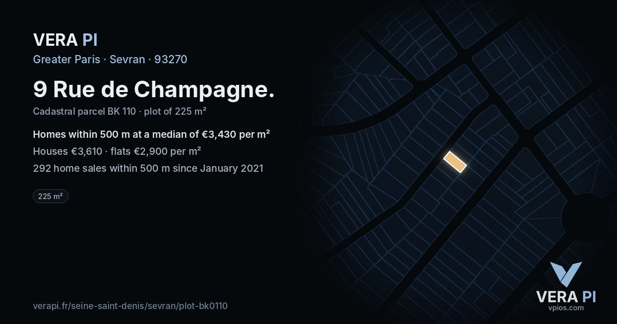 9 Rue de Champagne, Sevran at night – the plot lit, the parcels around coloured by the prices near them