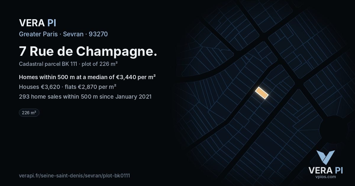 7 Rue de Champagne, Sevran at night – the plot lit, the parcels around coloured by the prices near them