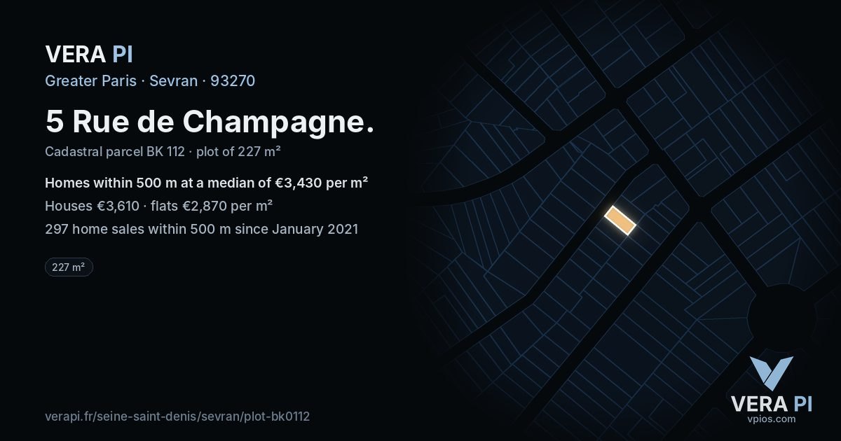 5 Rue de Champagne, Sevran at night – the plot lit, the parcels around coloured by the prices near them
