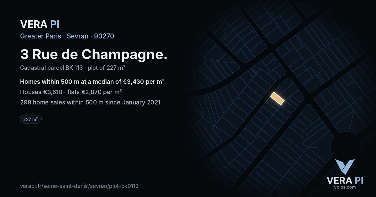3 Rue de Champagne, Sevran at night – the plot lit, the parcels around coloured by the prices near them