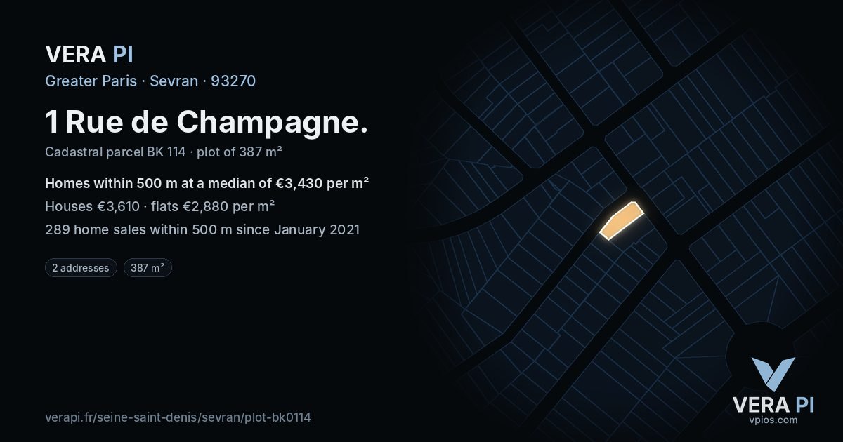 1 Rue de Champagne, Sevran at night – the plot lit, the parcels around coloured by the prices near them