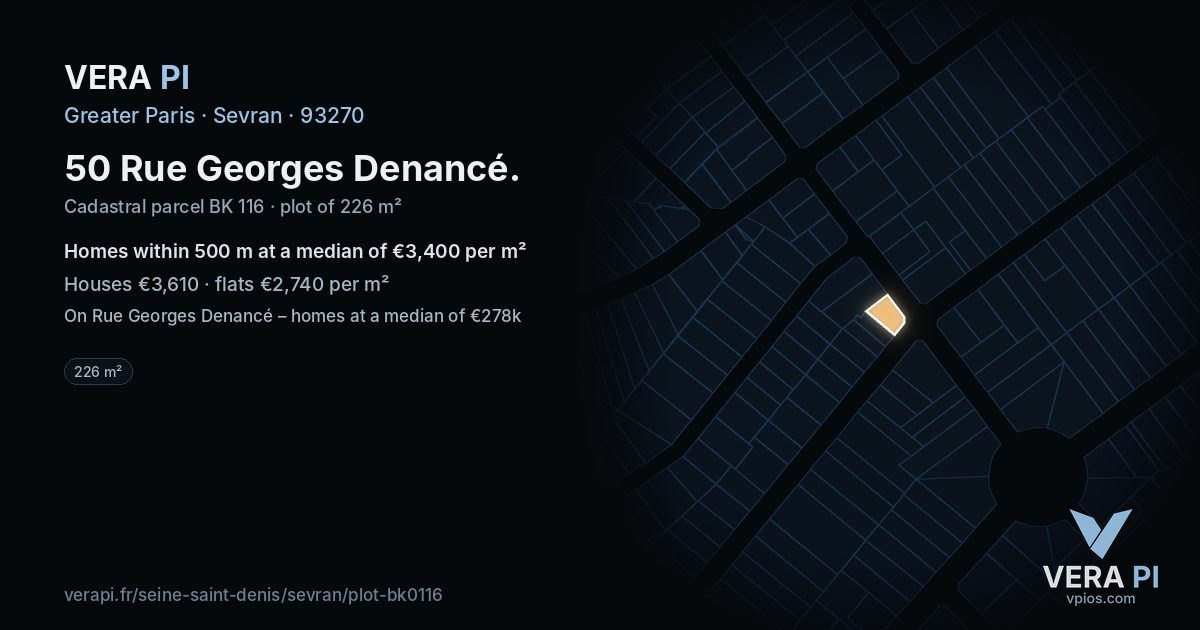50 Rue Georges Denancé, Sevran at night – the plot lit, the parcels around coloured by the prices near them
