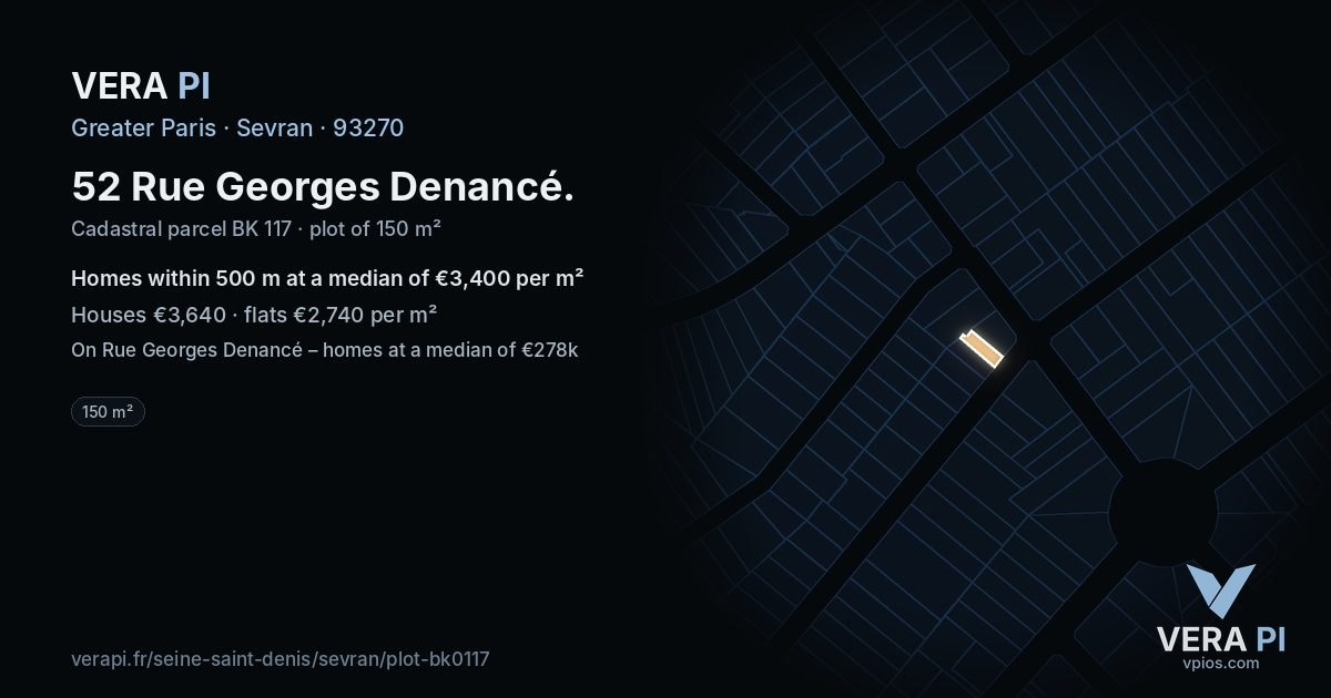 52 Rue Georges Denancé, Sevran at night – the plot lit, the parcels around coloured by the prices near them