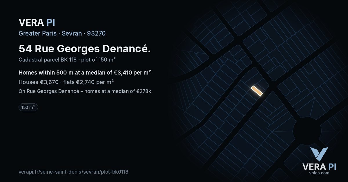 54 Rue Georges Denancé, Sevran at night – the plot lit, the parcels around coloured by the prices near them