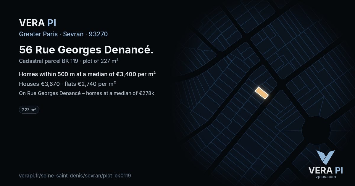 56 Rue Georges Denancé, Sevran at night – the plot lit, the parcels around coloured by the prices near them