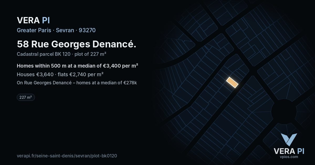 58 Rue Georges Denancé, Sevran at night – the plot lit, the parcels around coloured by the prices near them